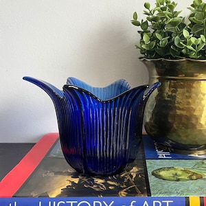 Beautiful Flower Shaped Ridged Petals Cobalt Blue Votive Candle Holder or Catchall or Trinket Dish
