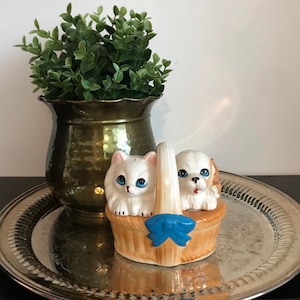 Vintage Ceramic Salt and Pepper Shakers Novelty Puppy and Kitten in a Basket by Giftcraft
