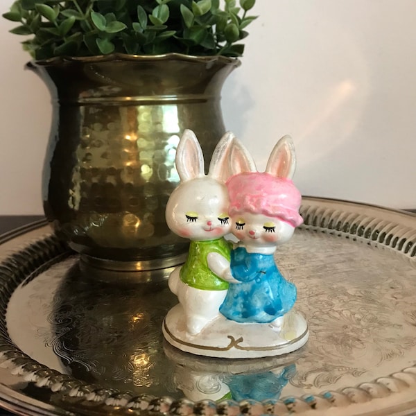 Vintage Paper Mache Love Bunnies Easter Decor Bunny Figurine Knick Knack