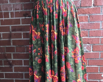 Vintage United Colours of Benetton Long Green Skirt with Orange Florals