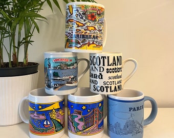 Vintage Destination Coffee Mugs – Schotland, San Francisco, Parijs, Caraïben, Vancouver