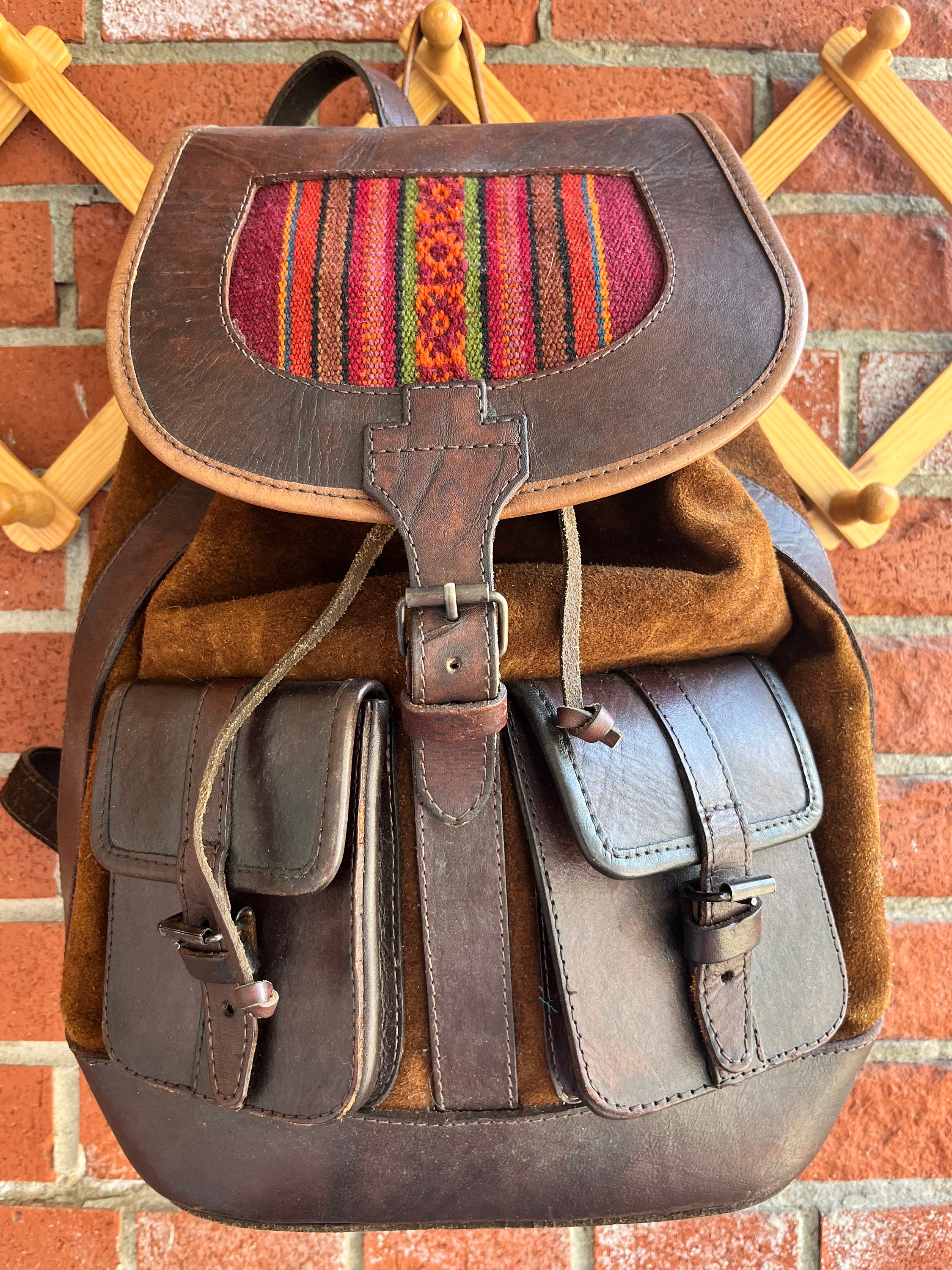 Vintage dark brown suede leather backpack colorful kilim accents boho southwest Handmade Handbags and Wallets | Handmoda main image 2