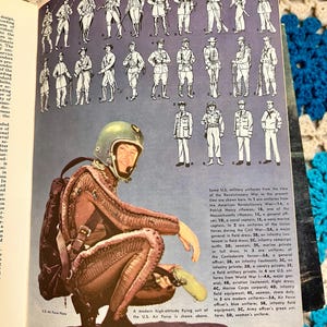 May include: An illustration from a book shows a modern high-altitude flying suit of the U.S. Air Force. The image also features drawings of U.S. military uniforms from the Revolutionary War to the present.
