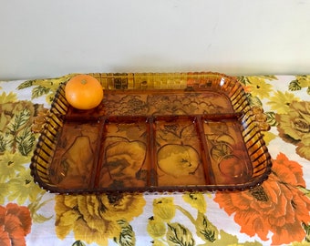 Vintage Indiana Glass Co. Amber/Marigold Carnival Glass Serving Tray with Handle with Fruit Motif 1960's Iridescent Divided Platter