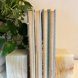 May include: A stack of vintage books with aged, yellowed pages. The spines feature decorative patterns in blue, green, and gold. The books are flanked by two square, marble bookends.