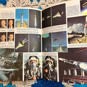 May include: A vintage magazine spread featuring illustrations and photographs related to the Mercury space program. The images depict astronauts, rockets, and spacecraft models, showcasing the technology and personnel involved in early space exploration.