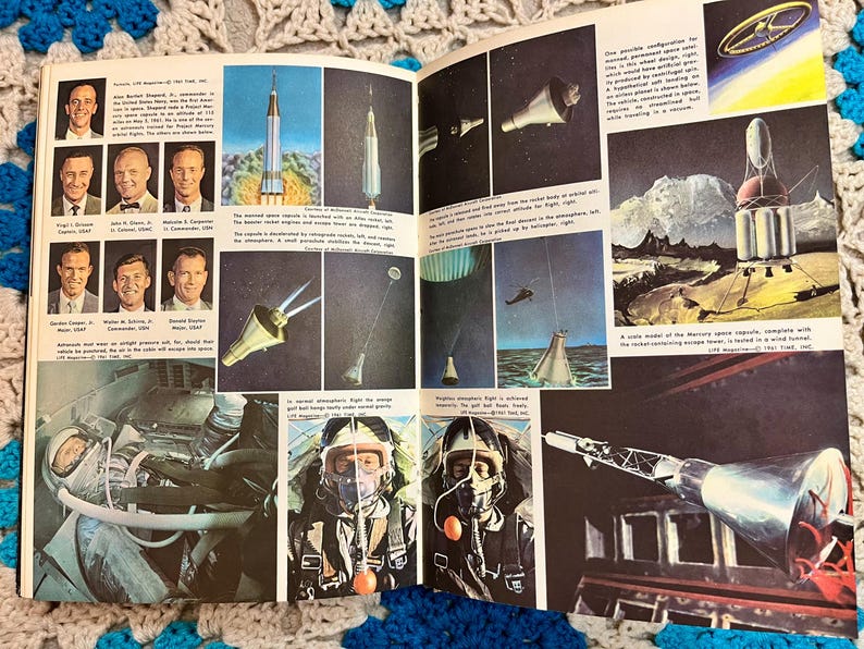 May include: A vintage magazine spread featuring illustrations and photographs related to the Mercury space program. The images depict astronauts, rockets, and spacecraft models, showcasing the technology and personnel involved in early space exploration.