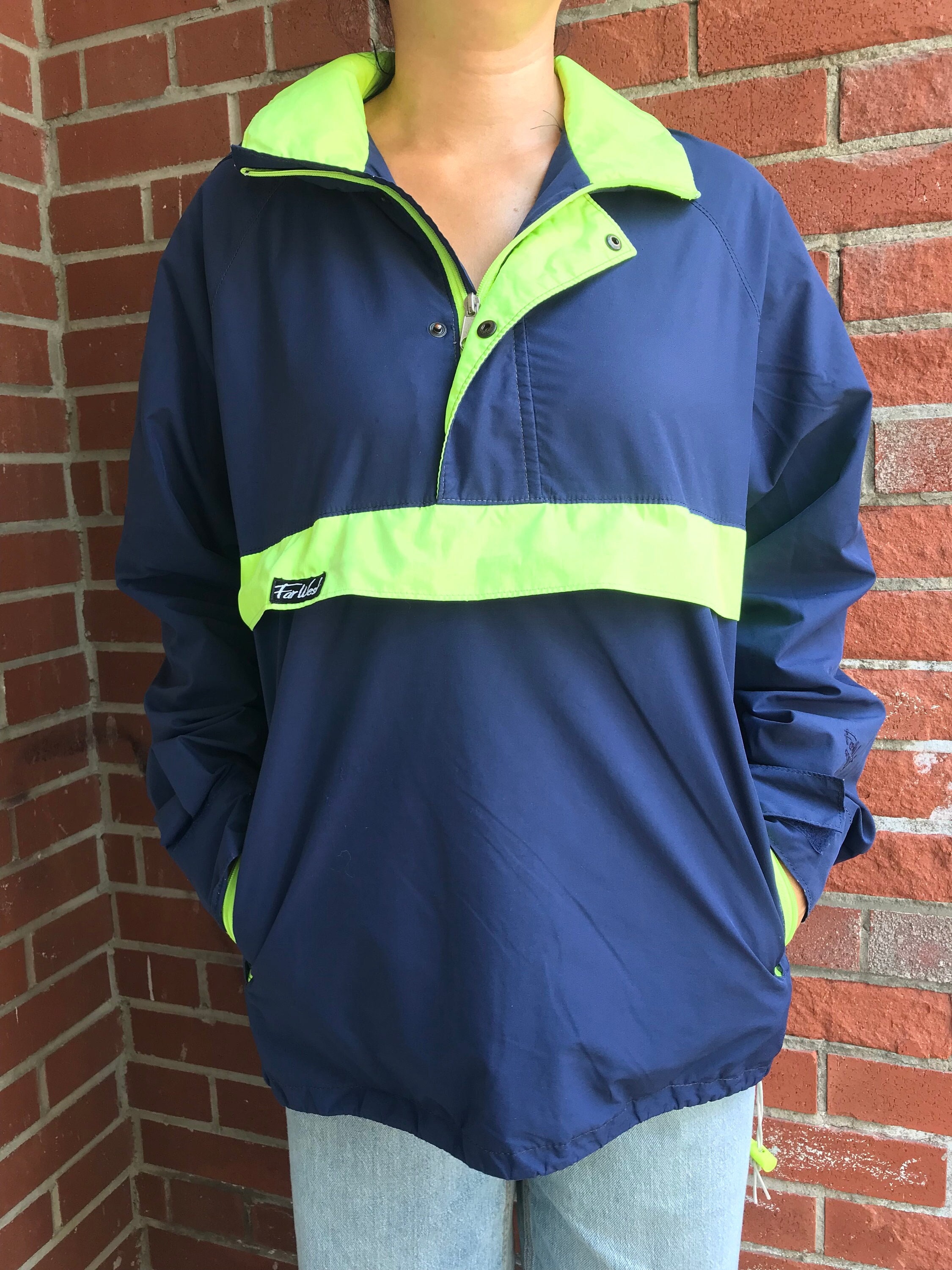 Vintage Gore-Tex Ski Jacket Far West Authentic Quarter-zip Pullover Ski  Jacket Blue Neon Yellow Detachable Hood Pouch Pocket Made in Canada