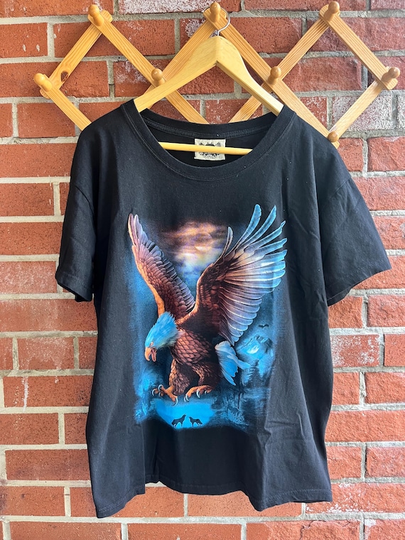 Vintage Eagle and Wolf Print Black Tee - Vintage Graphic Tee - Unisex Streetwear