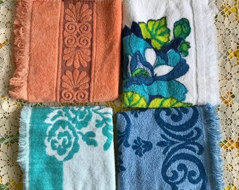 Vintage Bath Towels - Canon, Camtex, Piquot - Burnt Orange Floral, MCM Florals, Teal and White, Blue Towels with Fringe - Vintage Home Decor