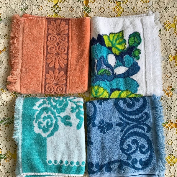 Vintage Bath Towels - Canon, Camtex, Piquot - Burnt Orange Floral, MCM Florals, Teal and White, Blue Towels with Fringe - Vintage Home Decor