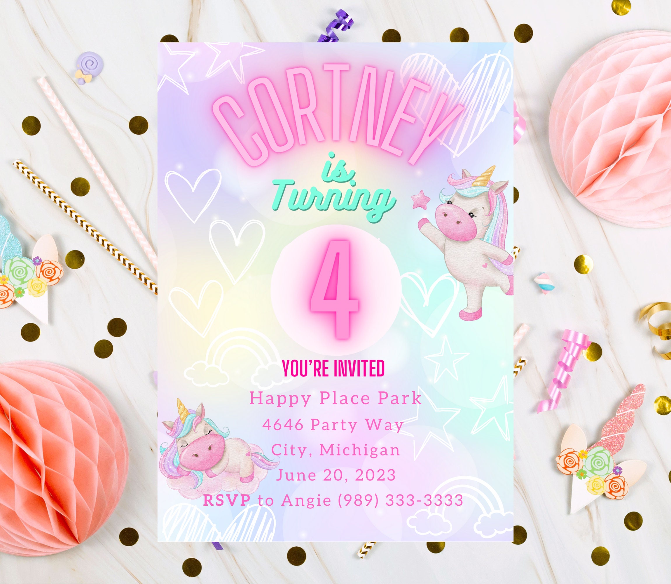 Unicorn Birthday Party Invitation Little Girl Birthday Etsy