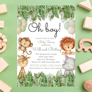 May include: A baby shower invitation with the text "Oh boy!" and jungle-themed illustrations. The invitation features a monkey, lion, giraffe, and rhino, along with details for the event, including the date, time, and location.