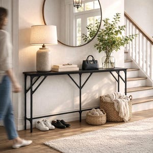 Può includere: Un ingresso di casa con un tavolo consolle nero, uno specchio rotondo dorato e un tappeto beige. Una lampada, libri, una borsa nera e un vaso con verde sono sul tavolo. Due cesti e scarpe sono sul pavimento.