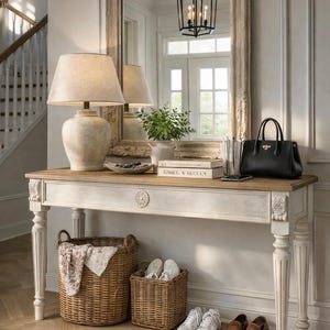 May include: A white and light wood console table with four fluted legs, featuring a table lamp, a black handbag, two stacked books, and a small bowl. Below the table are two woven wicker baskets, one containing a cloth, and two pairs of shoes.