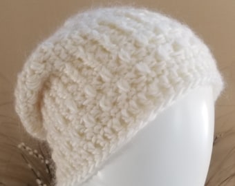 Beanie, Ivory, Slouchy, Crocheted, Wool, Handmade - FT Beanie #611