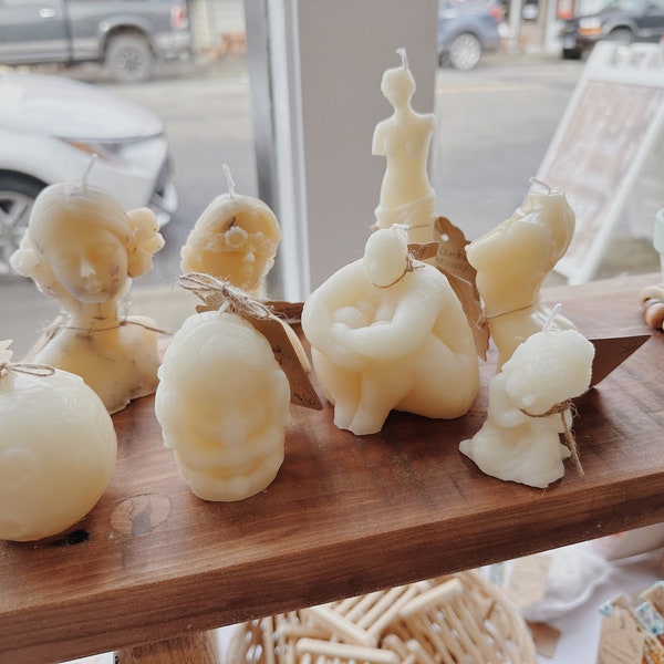 Shaped Beeswax Candle Flower Crown Buddha Ganesh Moon Aphrodite Venus Body Chunky Fat Chubby Statue Altar Ritual Spell Molded Hand Poured