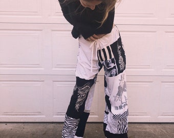 Koszulka z nadrukiem w stylu patchworku z recyklingu, legginsy, spodnie dzwony, jedyne w swoim rodzaju, wykonane na zamówienie, powolna moda, styl boho, uliczny, festiwal jogi, wciągane
