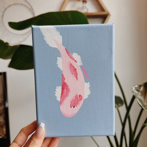 Koi Fisch Acrylgemälde Gespannte Leinwand Original Rosa Schwarz 13x18 Kunst Handgemacht Unikat Japanischer Karpfen