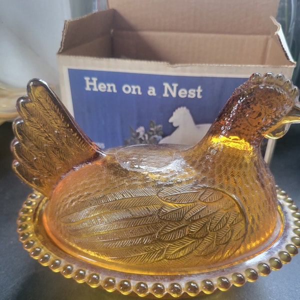 Indiana Glass Amber Hen on a Nest "NIB"