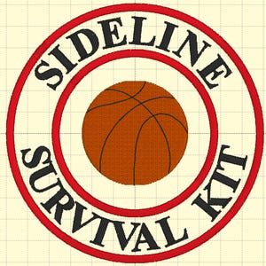 May include: A red and black circle with the text "Sideline Survival Kit" around a brown basketball.