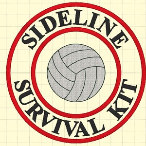 May include: A red circle with the words "Sideline Survival Kit" in black text around the outside. A gray volleyball is in the center of the circle.
