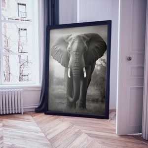 Black and white AI photograph portrait of a majestic elephant in the jungle. The elephant is centered and looking straight at camera.