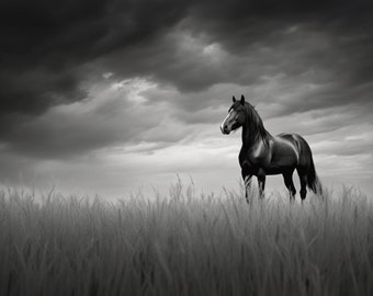 May include: A black horse stands in a field of tall grass, with a dramatic stormy sky in the background.