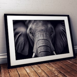 Black and white AI photograph portrait of a majestic elephant in the jungle. The elephant is centered and looking straight at camera.