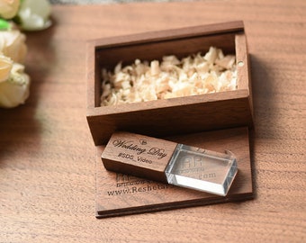 Engraved Wooden Crystal USB flash drive Personalized Walnut Maple Wooden box Wedding Anniversary Photography Logo Custom Box Couple Gift