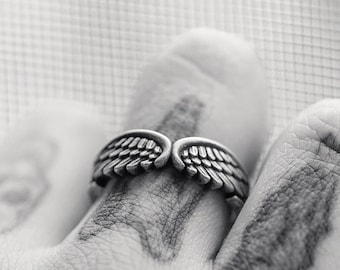 Handmade Sterling Silver Angel Wings Ring, Oxidized Feather Band