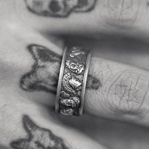 Silver Greek Gods Ring Handmade Olympus Statue Sculpture Ring Ancient Greece Jewelry Gift Antique Mythology Rings For Men Ruins Meander Band