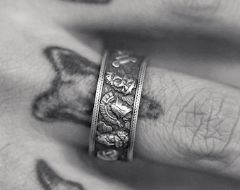 Anillo de plata de ley oxidada con dioses griegos, banda de mitología antigua