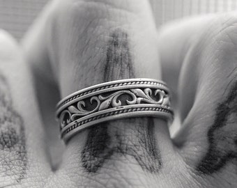 Oxidized Sterling Silver Band Ring, Leaves Motifs, Baroque Wedding Jewelry