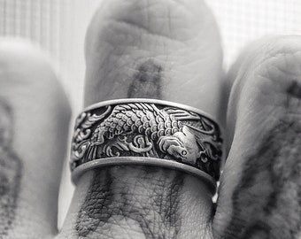 Anillo japonés de banda de peces Koi, anillo de hombres hecho a mano, anillo para hombres, anillo único para el hombre, anillo de sello de plata, regalo conmemorativo para él Cool Male Pinky