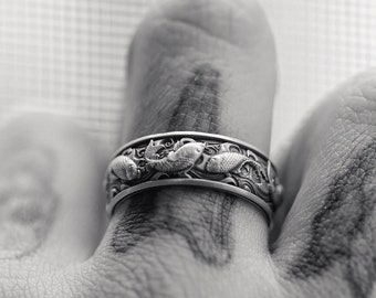 Koifisk sterlingsilverring för män, graverad japansk naturarmband