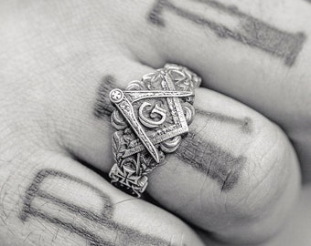 Handmade Oxidized Sterling Silver Freemason Signet Ring, Eye of Providence