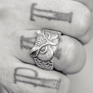 Handmade Sterling Silver Winged Owl Men Ring, Bird Of Prey Extraordinary Ring For Boyfriend, Animal Ring For Husband, Nature Ring For Men&#39;s