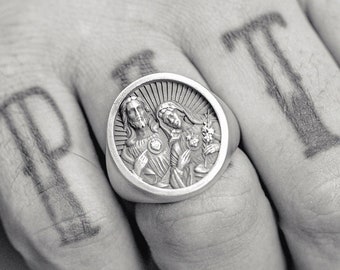 Mother Mary and Jesus Signet Ring, Sacred Heart, Oxidized Sterling Silver