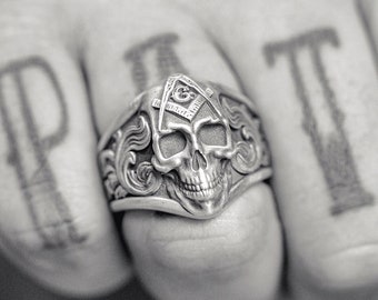 Handmade Oxidized Sterling Silver Masonic Skull Ring, Gothic Biker Jewelry