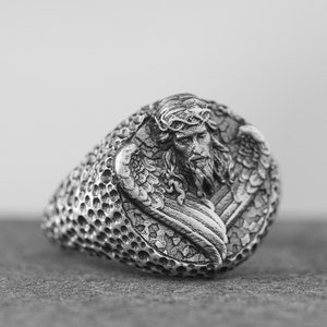 Jesus Signet Ring Sterling Silver Christian Jewelry,Jesus Chris Ring, Catholic Men Ring, Religious Signet Ring, Men Gift Hammered Pinky Ring
