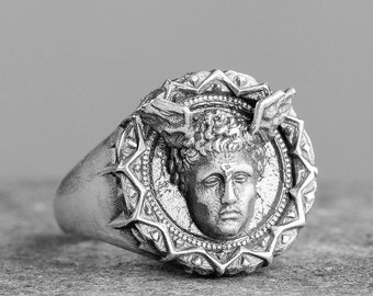 Oxidized Sterling Silver Hermes Ring, Winged Caduceus, Greek Mythology