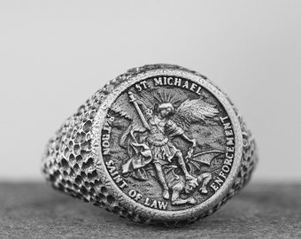 Silver Archangel Michael Signet Ring, Religious Men&#39;s Ring, Handmade Jewelry for Dad Christian Catholic Jewelry Guardian Angel Signet Gift