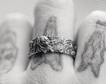 Anillo Hannya Oni de plata de ley oxidada hecho a mano, joyería de demonio japonés