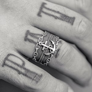 Vintage Anchor Unique Signet Ring Men, Engraved Sailor Fantasy Mens Pinky Ring For Family, Nautical Ocean Dainty Cool Ring, Boyfriend Gift