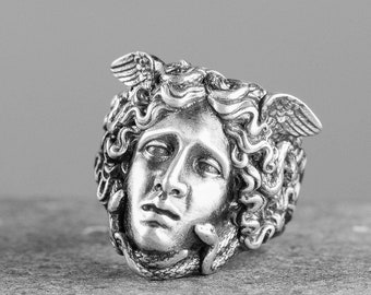 Sterling Silver Medusa Signet Ring - Greek Mythology, Handmade