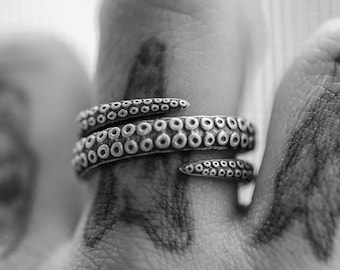 Sterling Silver Octopus Tentacle Ring, Handmade Kraken Jewelry