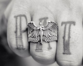Michael the Archangel Sterling Silver Wrap Ring, Handmade Religious Jewelry