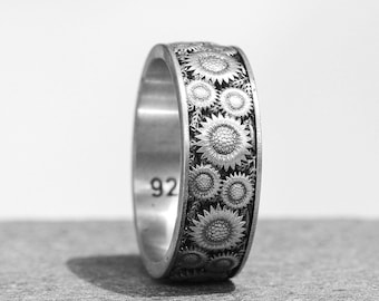 Engraved Sunflower Band Ring, Sterling Silver Nature Unique Promise Ring, Vintage Flower  Sunflower Engagement Ring For Mom Jewelry Gift Her