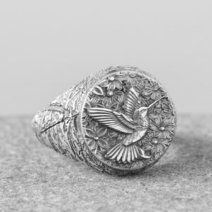 Silver Hummingbird Ring Mens Signet Ring Sterling Animal Ring Handmade Flower and Bird Pinky Ring Floral Signet Ring Gift For Mens and Women